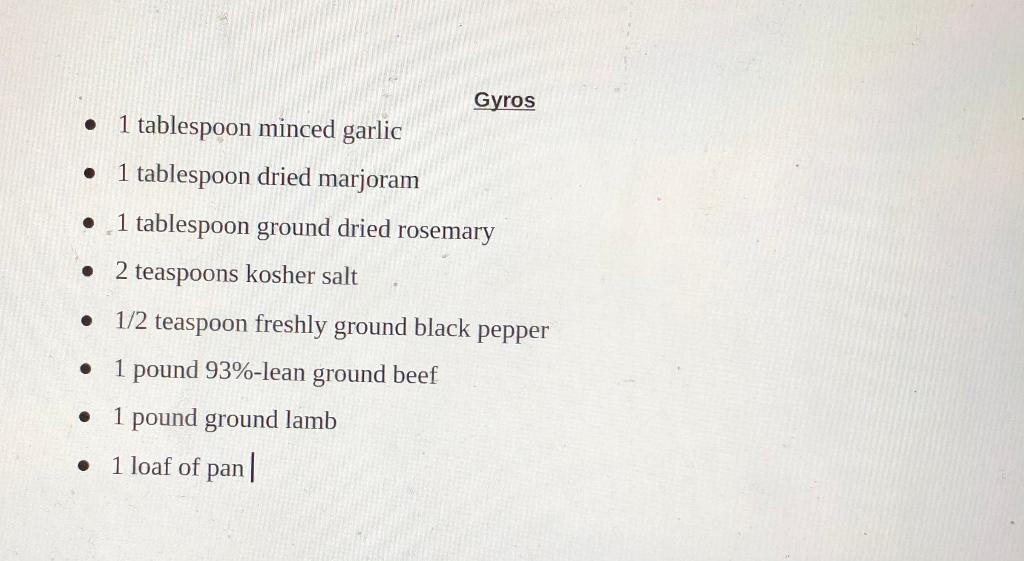  I need help creating a spreadsheet for my Gyros I have