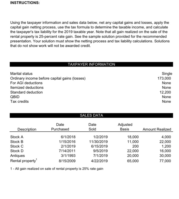  INSTRUCTIONS: Using the taxpayer information and sales data below, net any