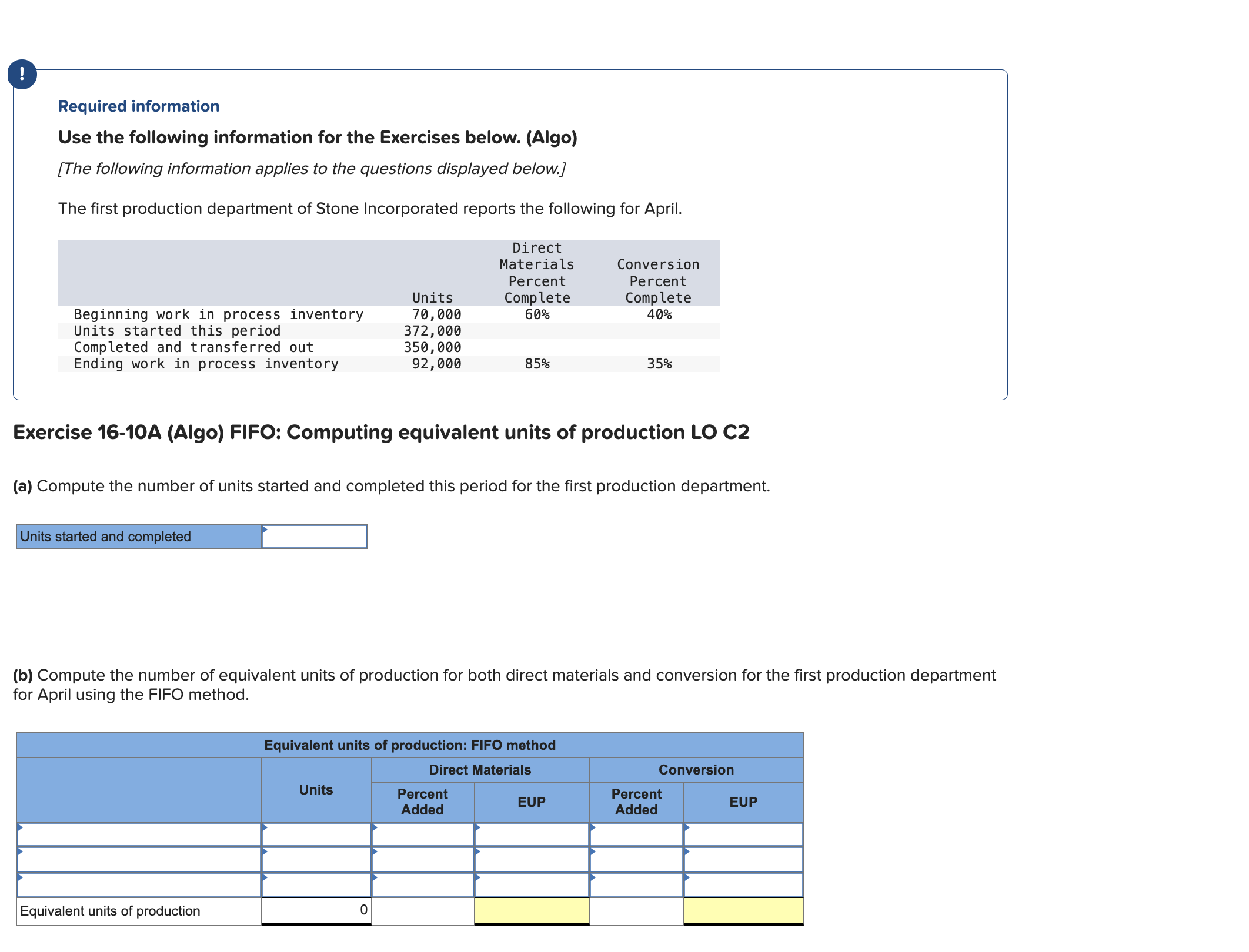 Exercise 16-10A (Algo) FIFO: Computing equivalent units of production LO C2