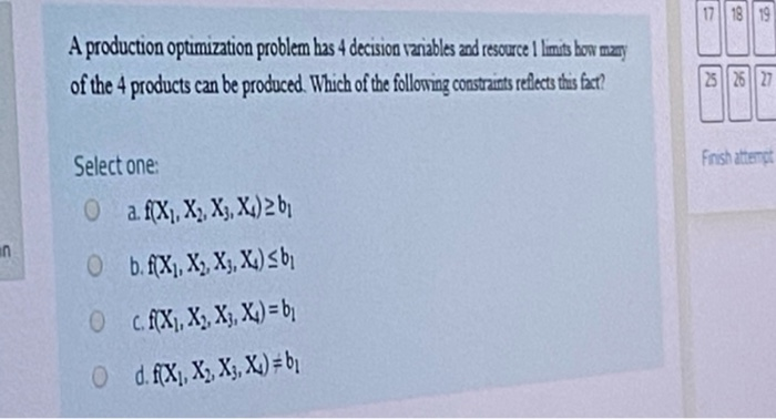  18 19 A production optimization problem has 4 decision vanables and