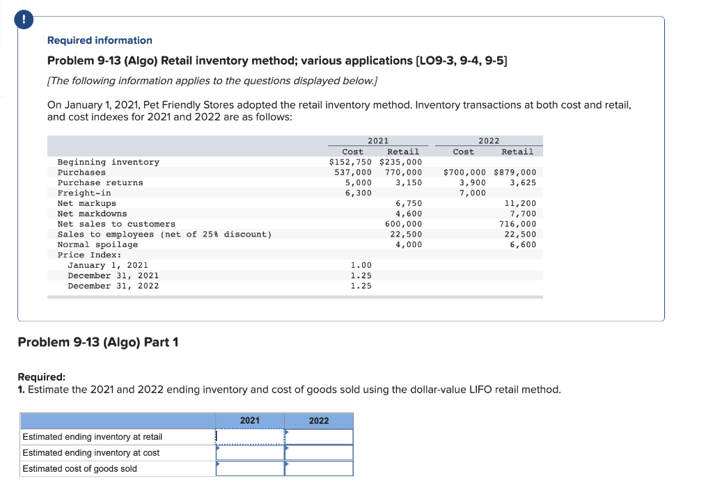  Required information Problem 9-13 (Algo) Retail inventory method; various applications [LO9-3,