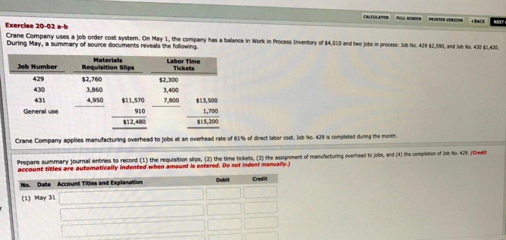 CALCULATOR FULL SCREEN PRINTER VERSION BACK NEXT Exercise 20-02 a-b Crane