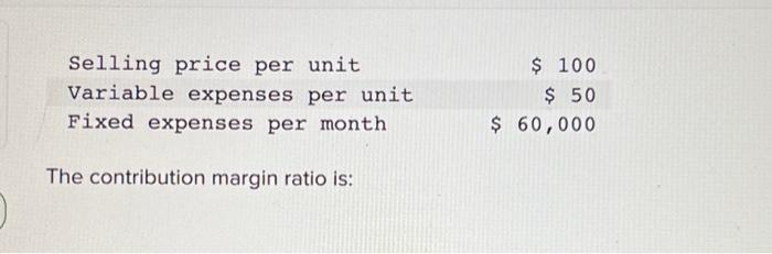  Selling price per unit Variable expenses per unit Fixed expenses per