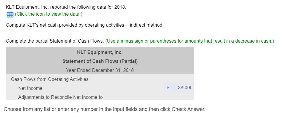 KLT Equipment, Inc. reported the following data for 2018: LOADING...(Click the icon