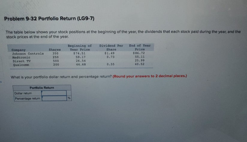 Problem 9-32 Portfolio Return (LG9-7) The table below shows your stock