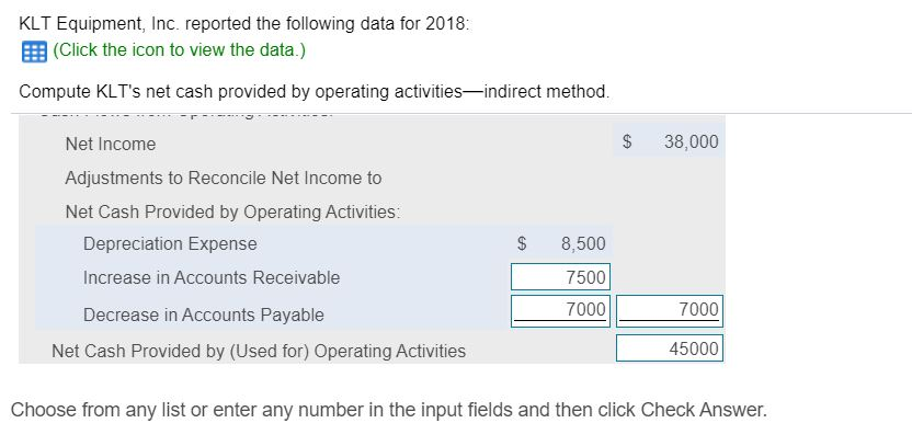 to view the data.) Compute KLT's net cash provided by operating activities