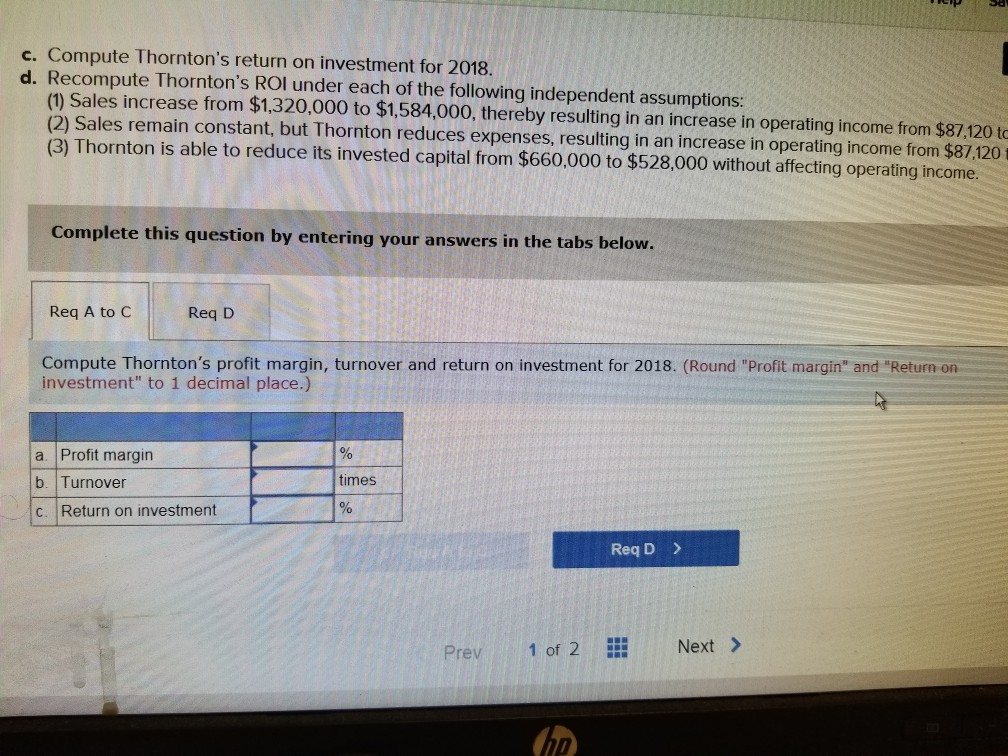 Return on investment LO 15-6 Thornton Corporation's balance sheet indicates that the