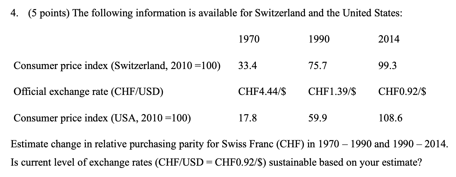  (5points) The following information is available for Switzerland and the United