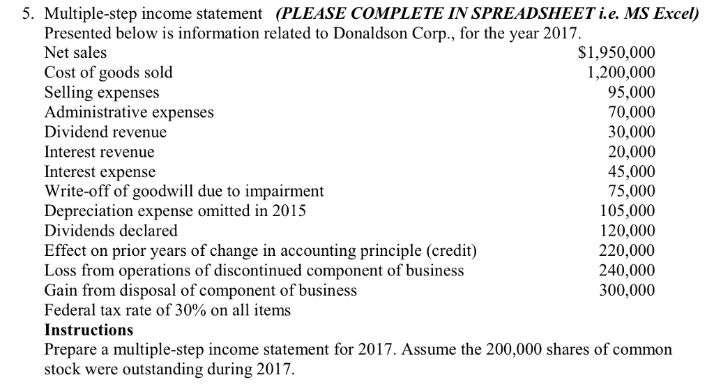  5. Multiple-step income statement (PLEASE COMPLETE IN SPREADSHEETi.e. MS Excel) Presented