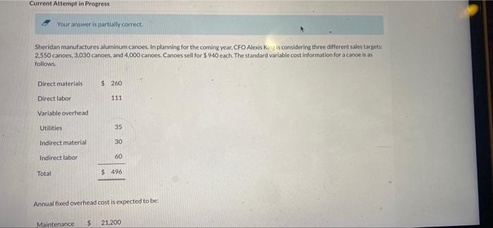  Current Attempt in Progress Your answer is partially correct Sheridan manufactures