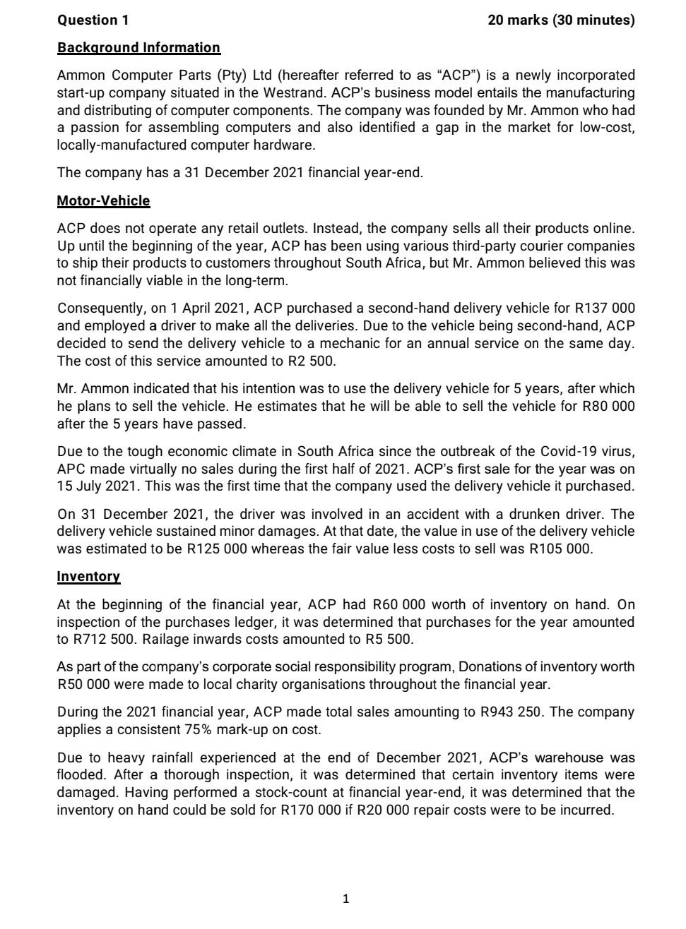  Question 1 20 marks (30 minutes) Background Information Ammon Computer Parts