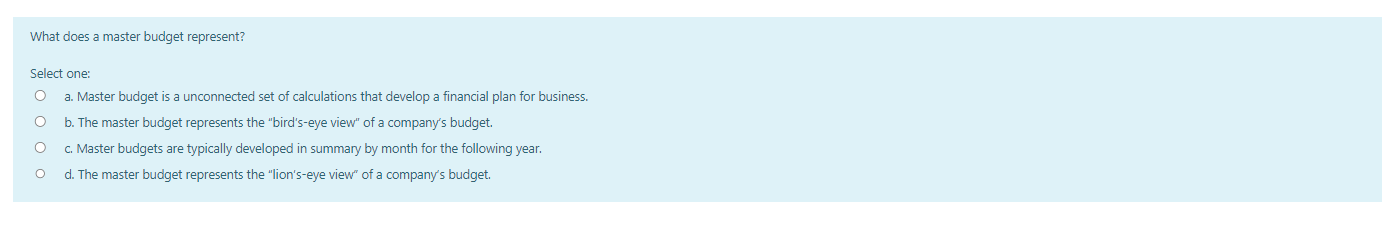  What does a master budget represent? Select one: a. The master
