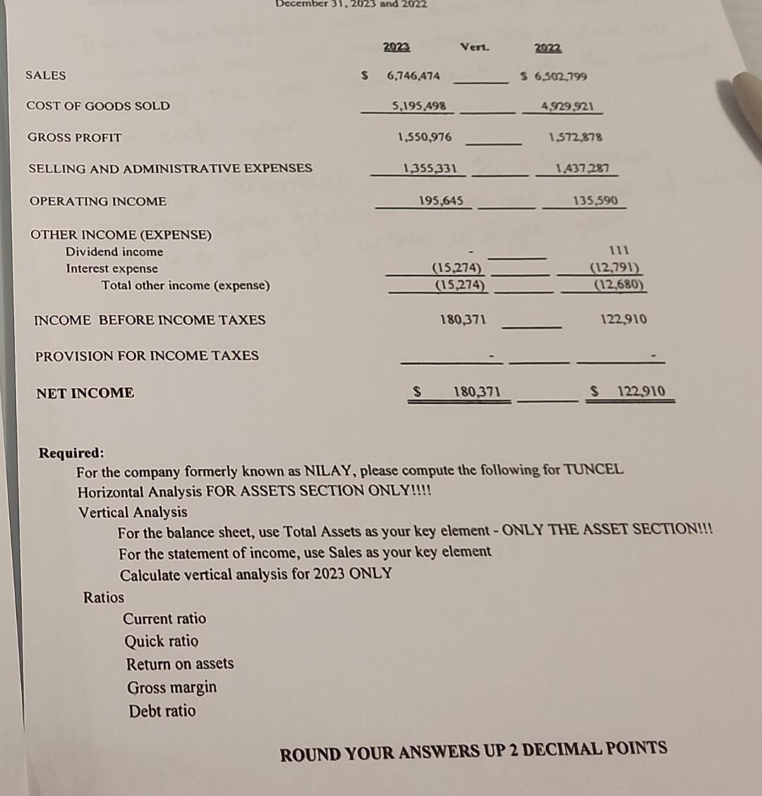and horizontal analysis. thanks BALANCE SHEET December 31,2023 and 2022 equired: For