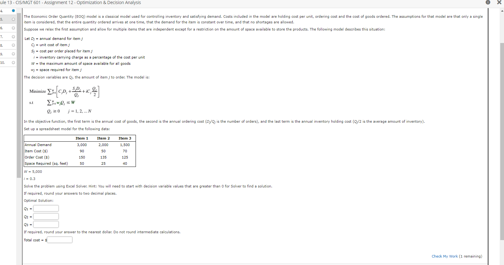  ule 13-CIS/MGT 601 - Assignment 12 - Optimization & Decision Analysis