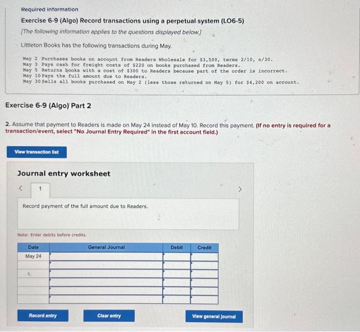 6-3 Required information Exercise 6-9 (Algo) Record transactions using a perpetual system