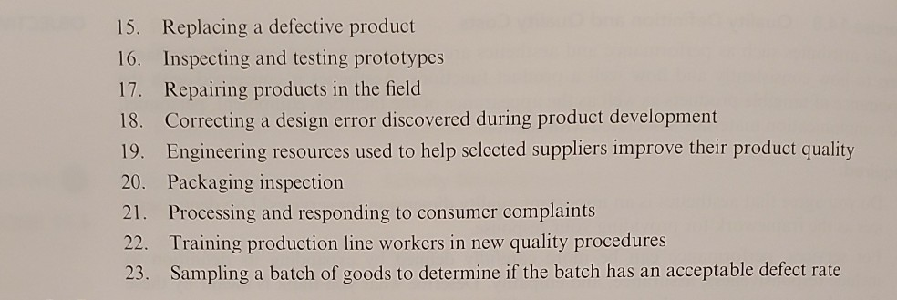 prevention costs, appraisal costs, internal failure costs, or external failure costs: 1.