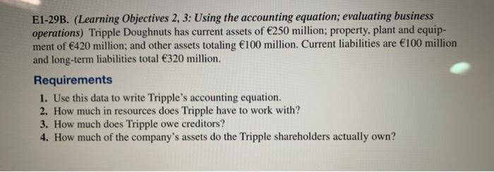 E1-29B. (Learning Objectives 2, 3: Using the accounting equation; evaluating business