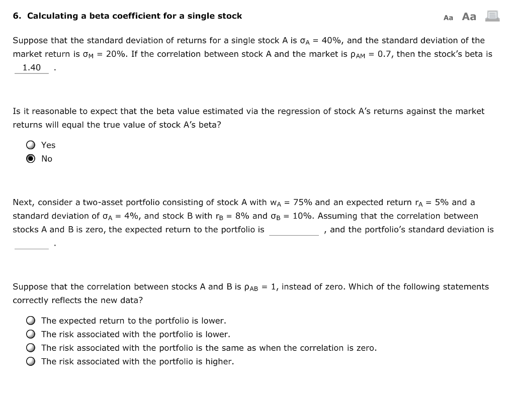 6. Calculating a beta coefficient for a single stock Aa Aa