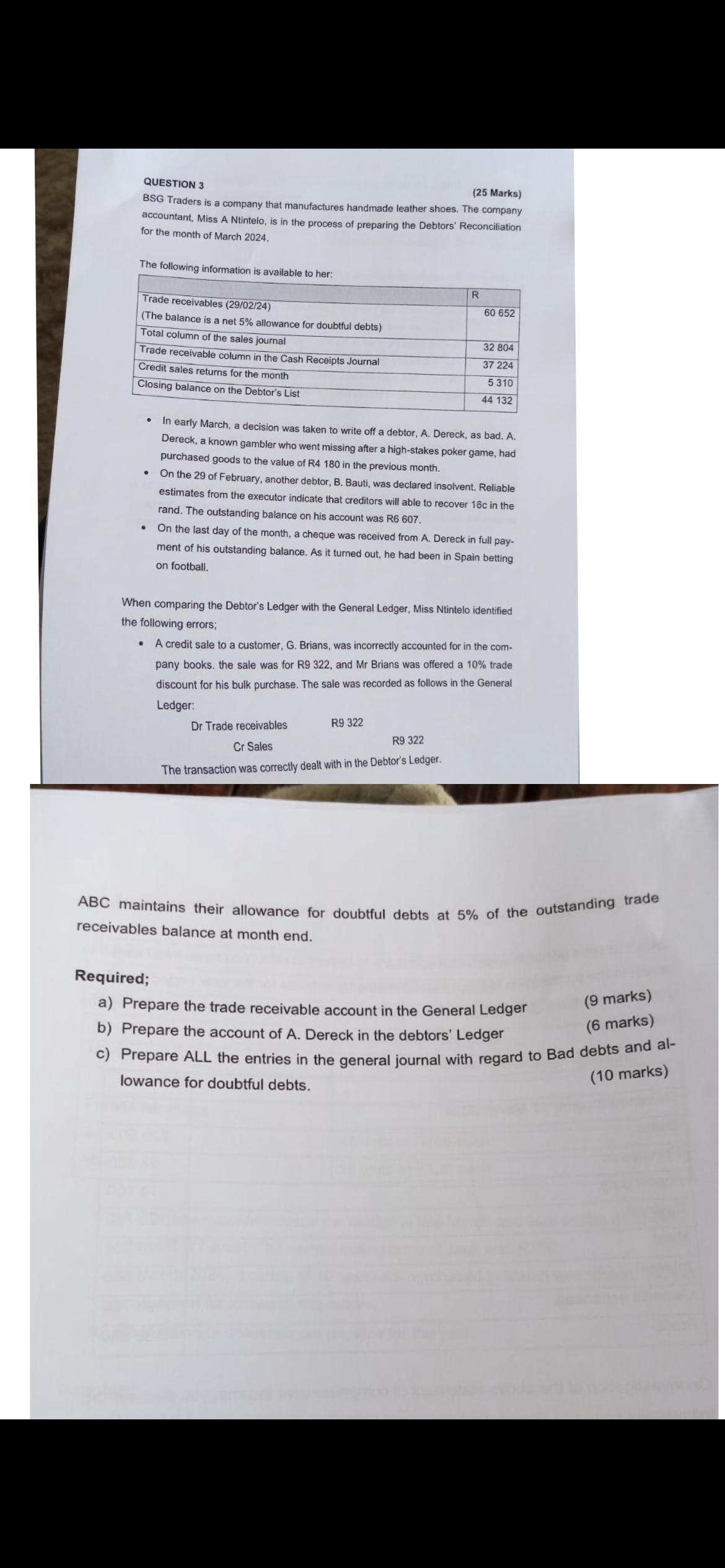  QUESTION 3 (25 Marks) BSG Traders is a company that manufactures