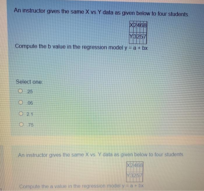  An instructor gives the same X vs. Y data as given