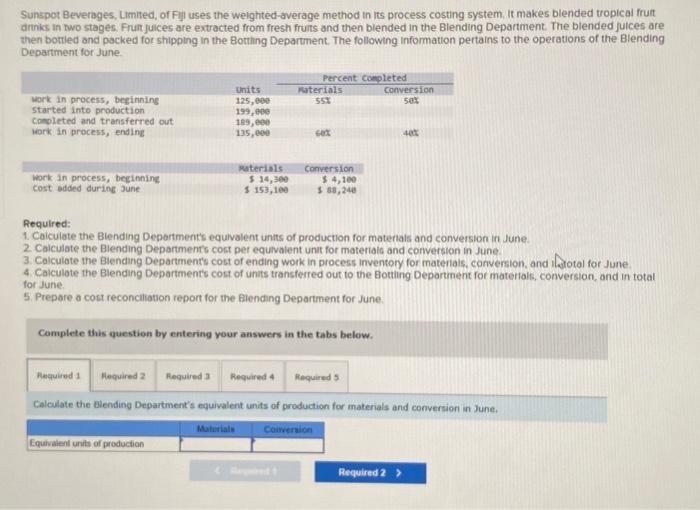 Sunspot Beverages, Ctmned. O' uses webghtedvemge method tn Its process costing system