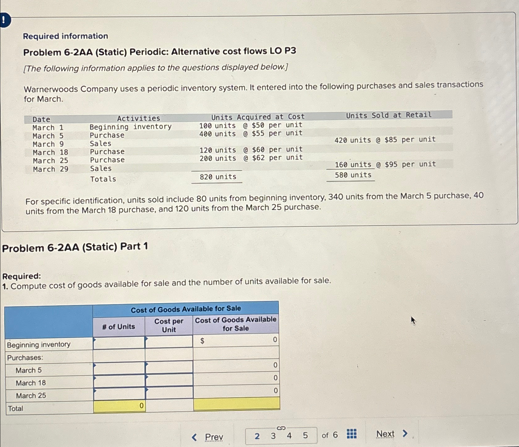 Required information Problem 6-2AA (Static) Periodic: Alternative cost flows LO P3