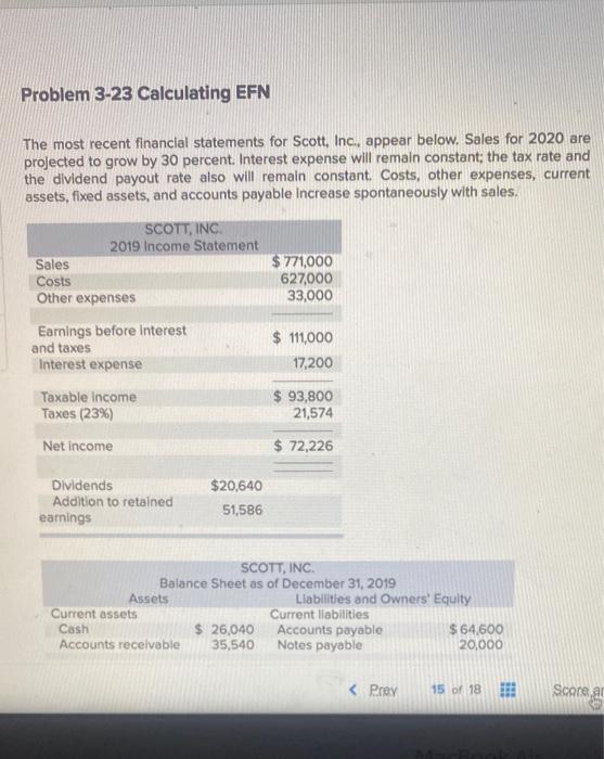  Problem 3-23 Calculating EFN The most recent financial statements for Scott,