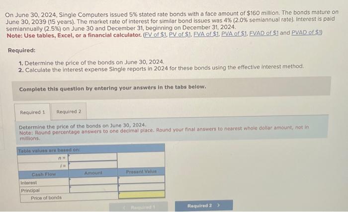  On June 30,2024 , Single Computers issued 5% stated rate bonds