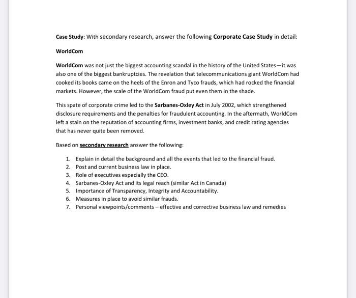  Case Study: With secondary research, answer the following Corporate Case Study