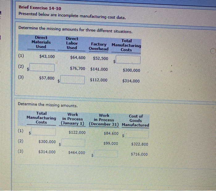  Brief Exercise 14-10 Presented below are incomplete manufacturing cost data. Determine