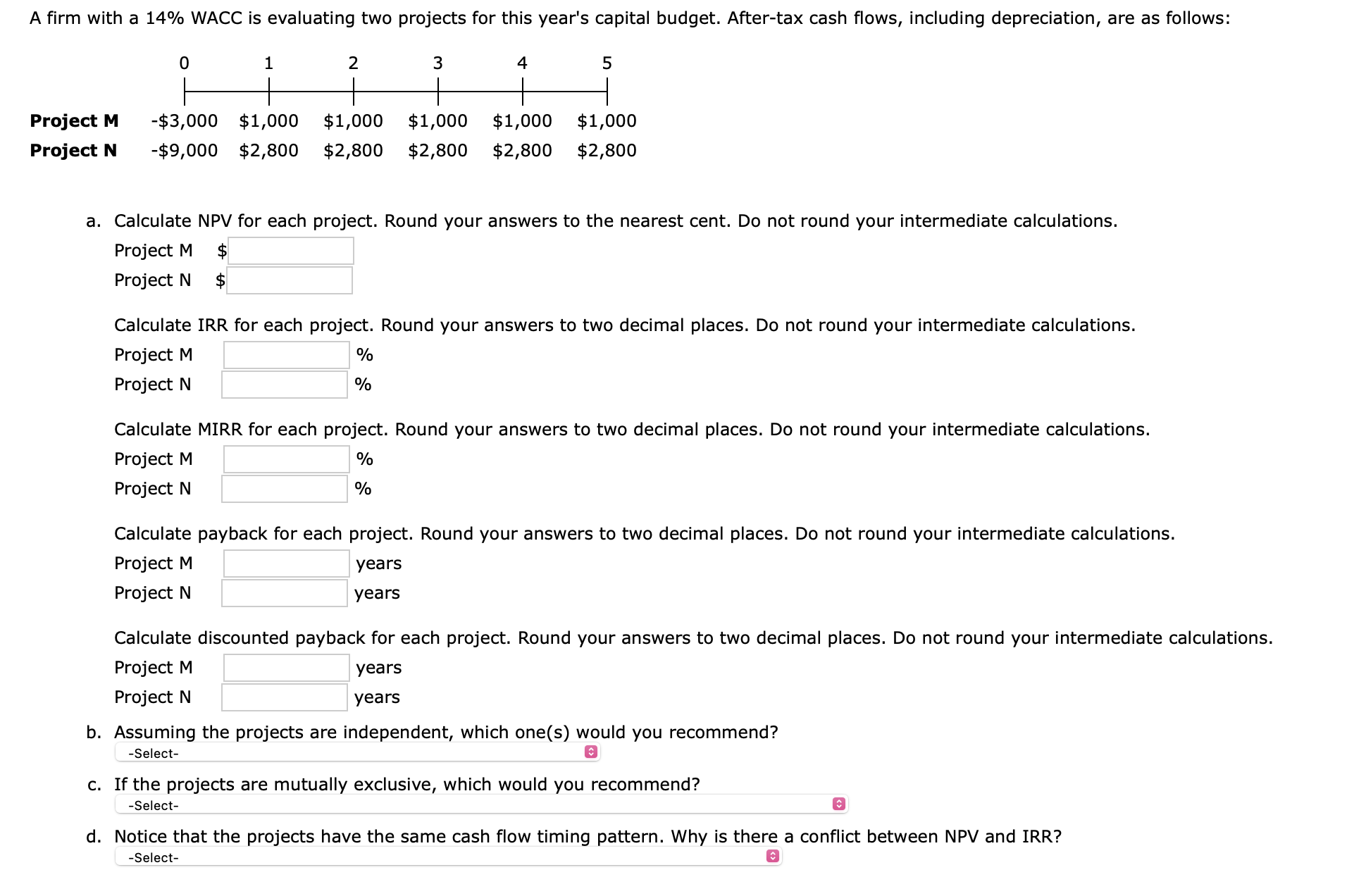  A firm with a 14% WACC is evaluating two projects for