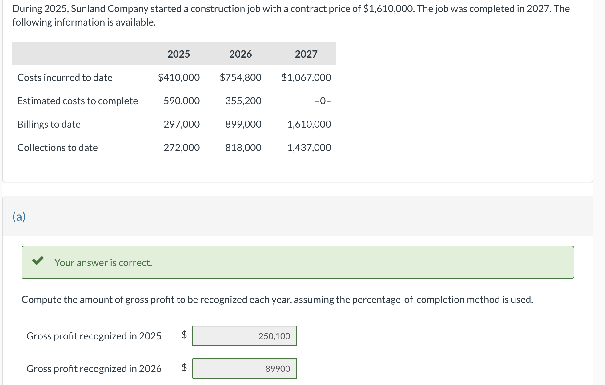  During 2025, Sunland Company started a construction job with a contract