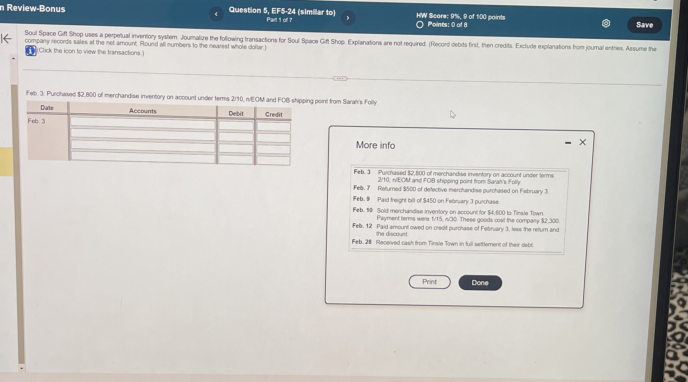  n Review-Bonus Question 5, EF5-24(similar to) HW Score: 9%,9 of 100