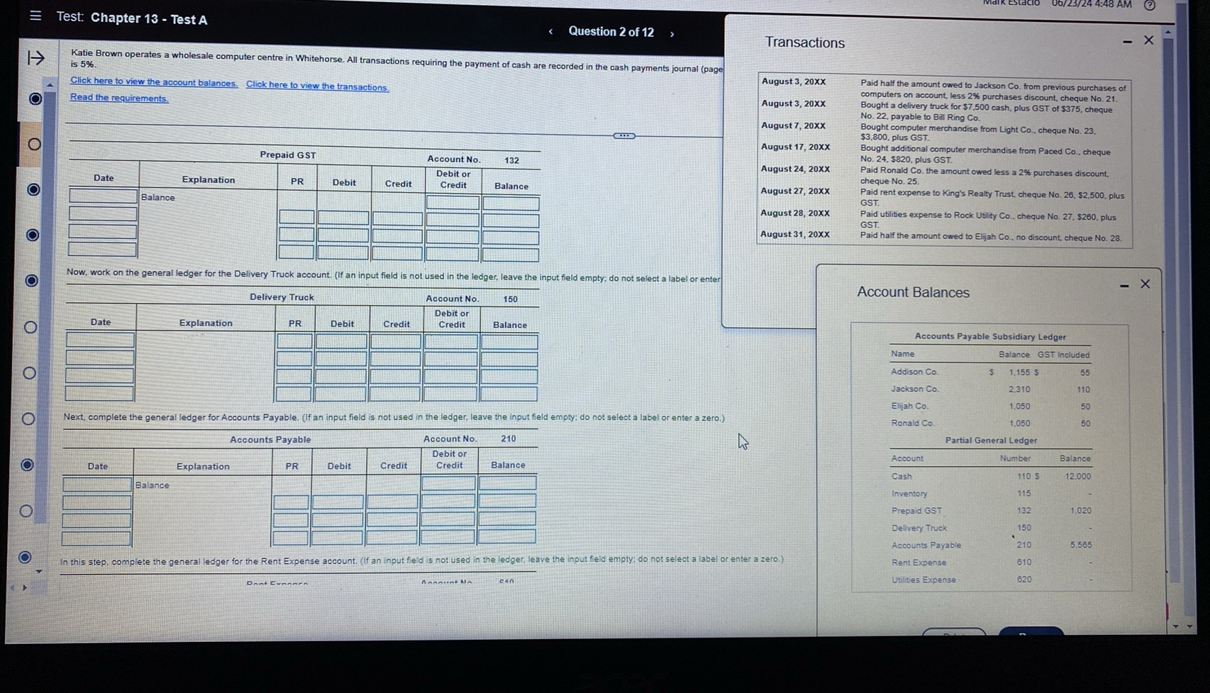  Test: Chapter 13- Test A Question 2 of 12 Transactions Katie