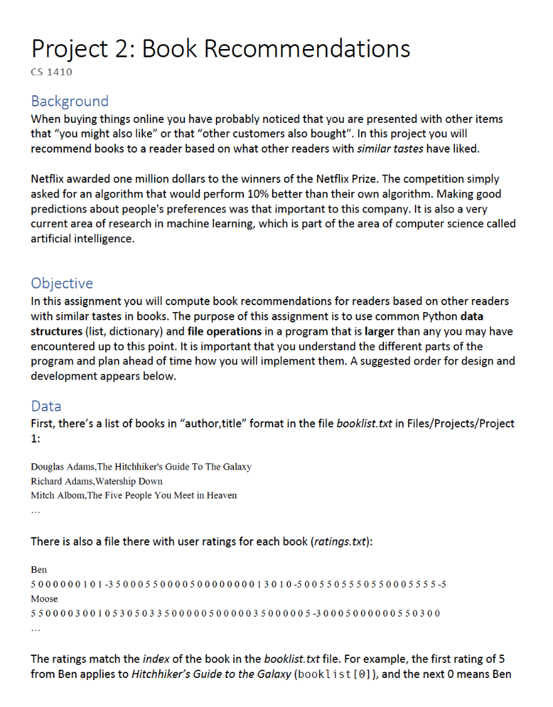 Project #2 Book Recommendations. CS1410 Project 2: Book Recommendations CS 1410 Background