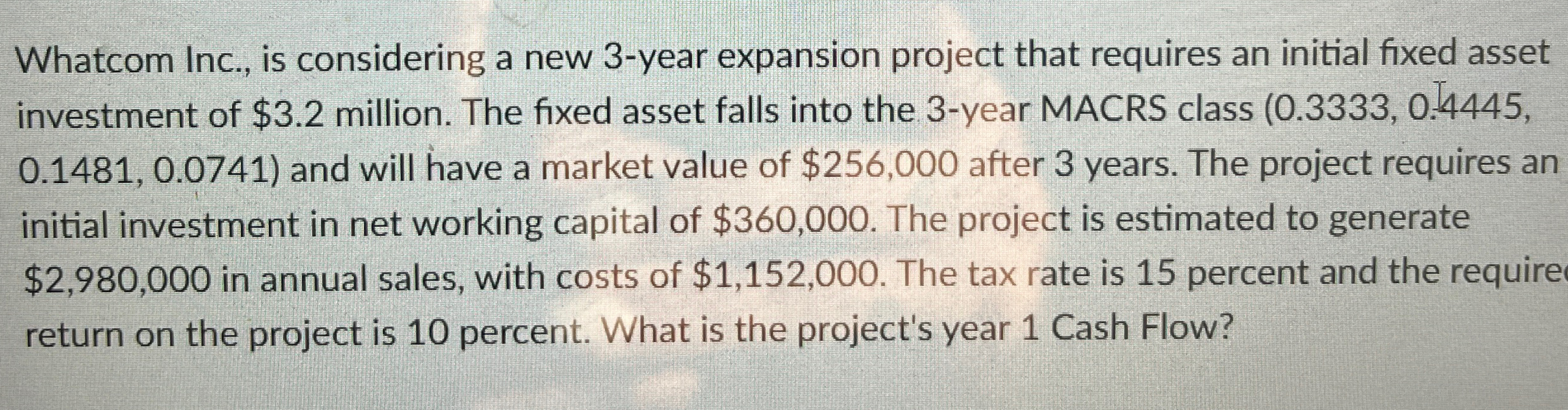  Whatcom Inc., is considering a new 3-year expansion project that requires