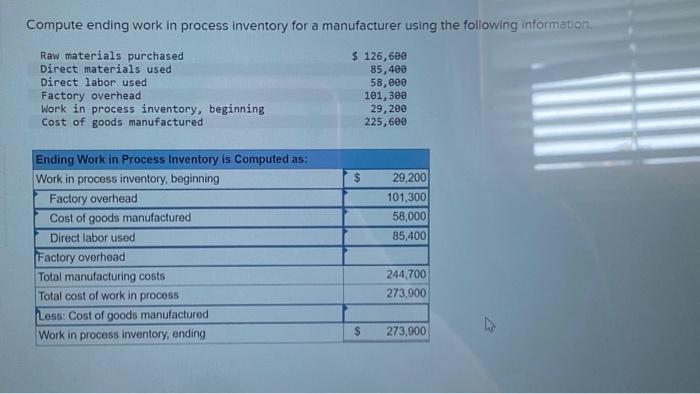 Compute ending work in process inventory for a manufacturer using the fol'owing