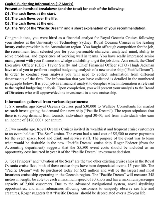  Capital Budgeting Information (17 Marks) Present an itemised breakdown (and the