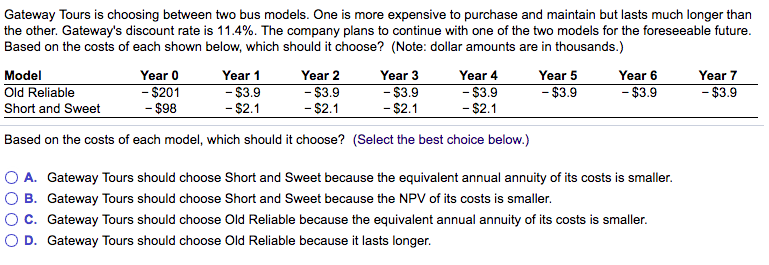  Gateway Tours is choosing between two bus models. One is more