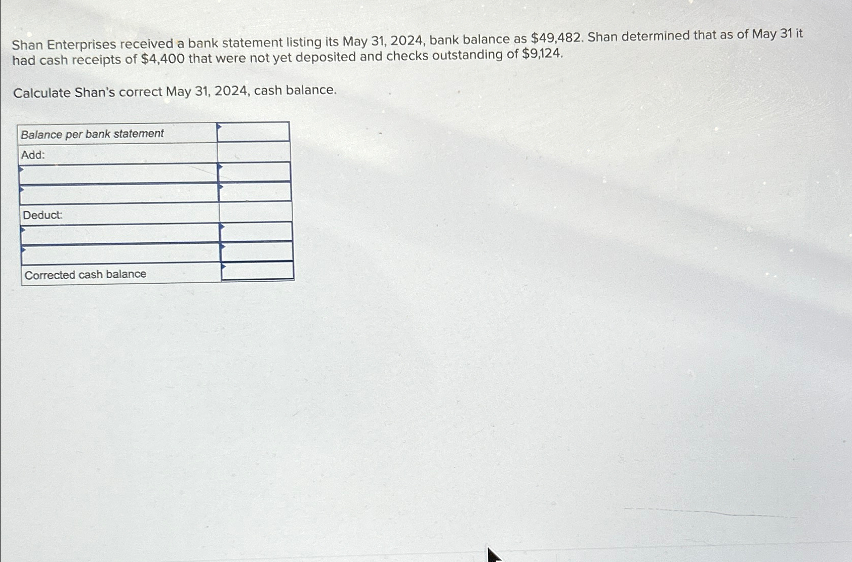 Shan Enterprises received a bank statement listing its May 31,2024, bank