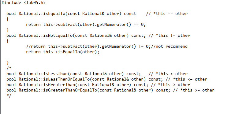 member functions: Functions to implement the equality operators; that is, develop functions