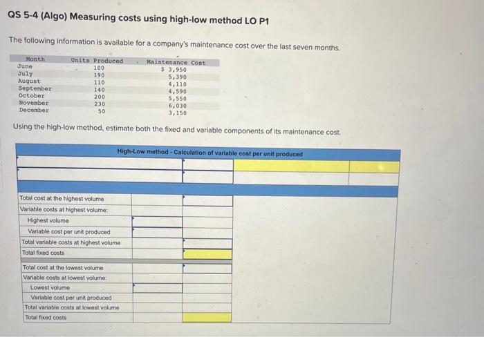  QS 5-4 (Algo) Measuring costs using high-low method LO P1 The