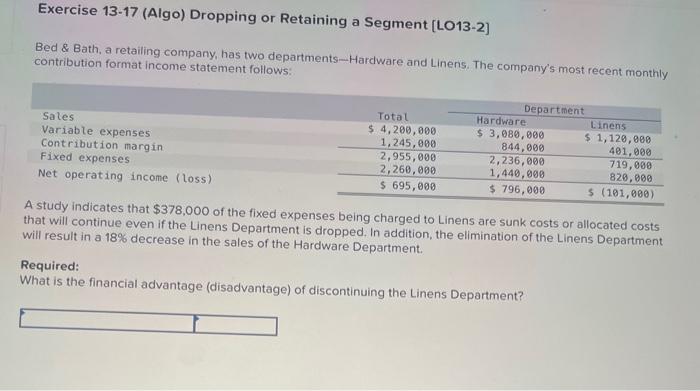 need help please Exercise 13-17 (Algo) Dropping or Retaining a Segment [LO13-2]