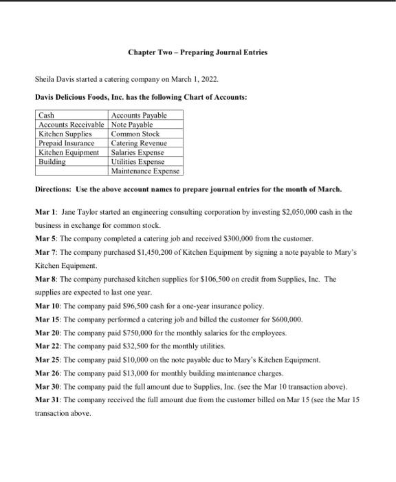  Chapter Two - Preparing Journal Entries Sheila Davis started a catering