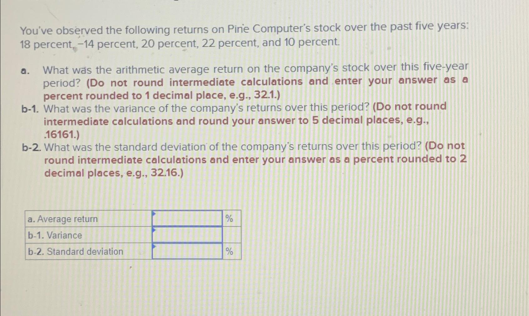  You've observed the following returns on Pine Computer's stock over the