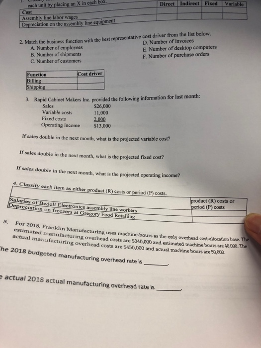  Direct Indirect Fixed Variable each unit by placing an X in