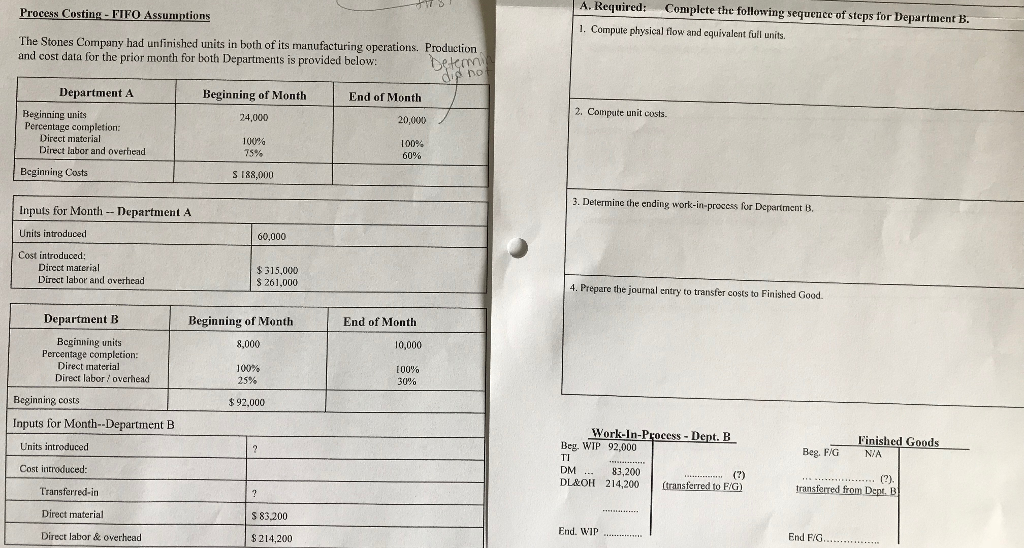 Process Costing- FIFO Assumptions A. Required: Complete the following sequence of