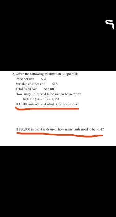 answer the highlighted s 2. Given the following information (20 points): Price