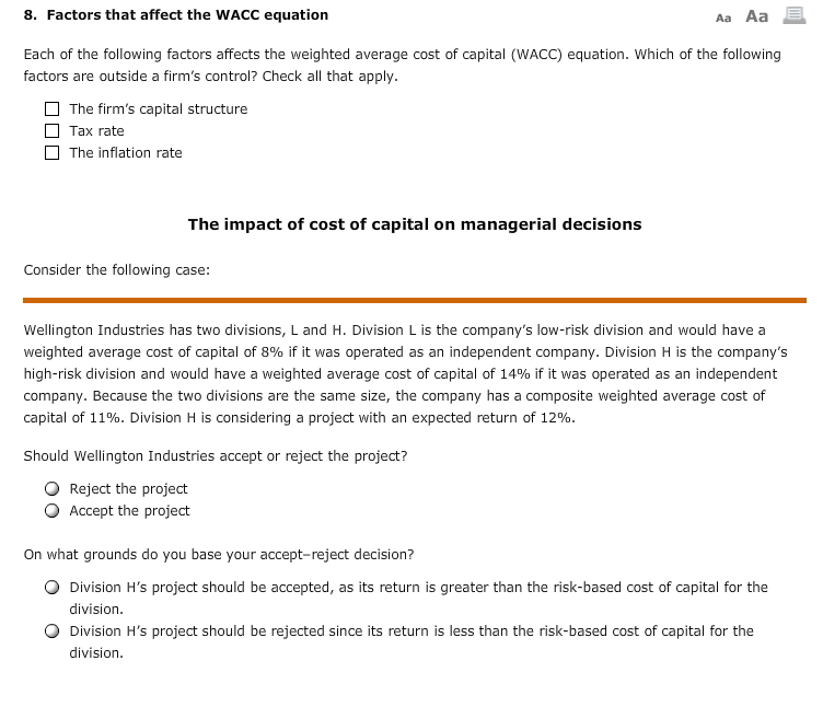 8. Factors that affect the WACC equation Aa Aa Each of