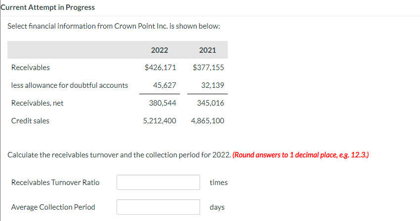  Current Attempt in Progress Select financial information from Crown Point Inc.